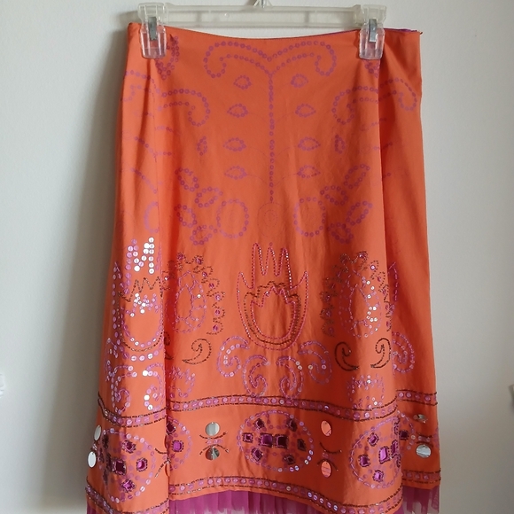 Cadi & Blu Orange Pink A Line Skirt Beaded Sequin Boho Size 4 - Picture 9 of 15